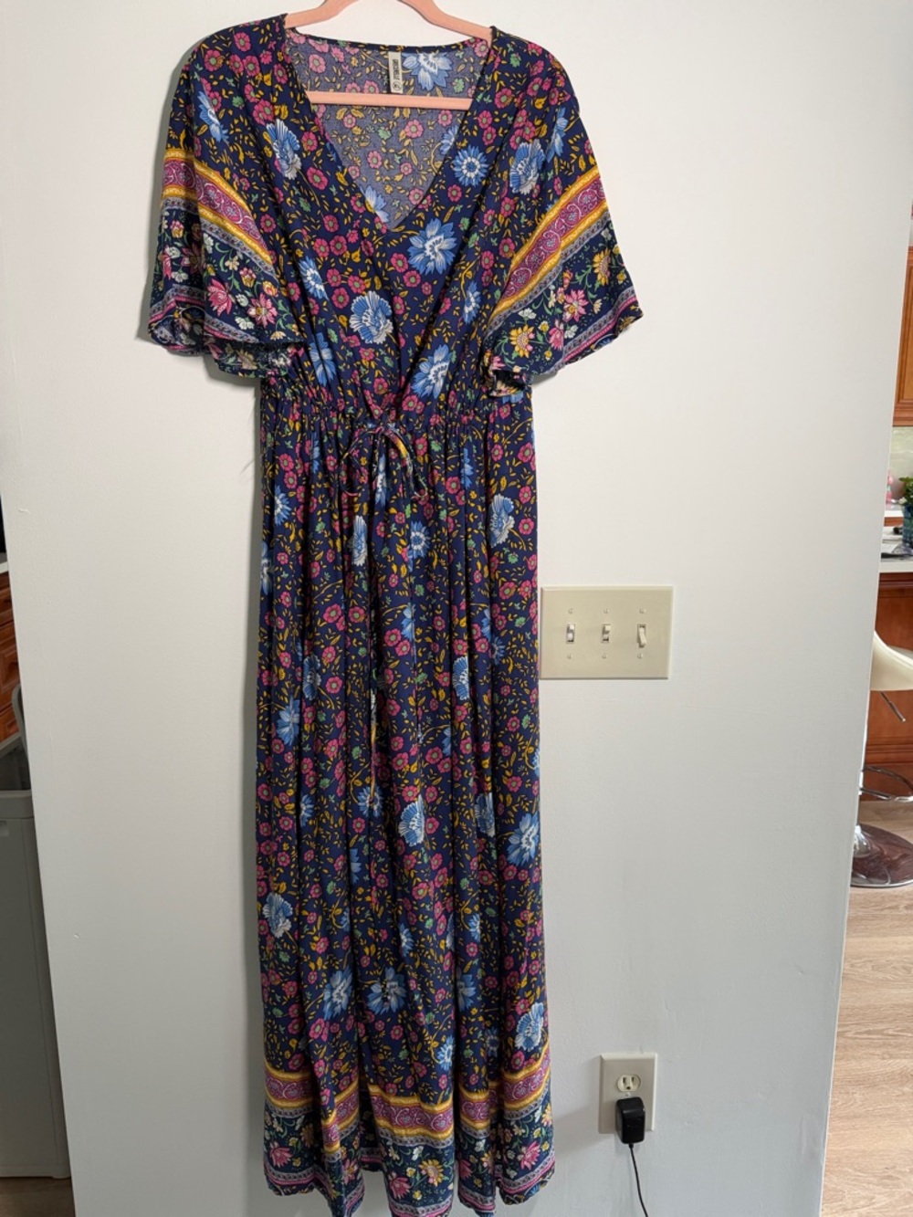 Women's Navy Floral Maxi Dress with Tie Waist